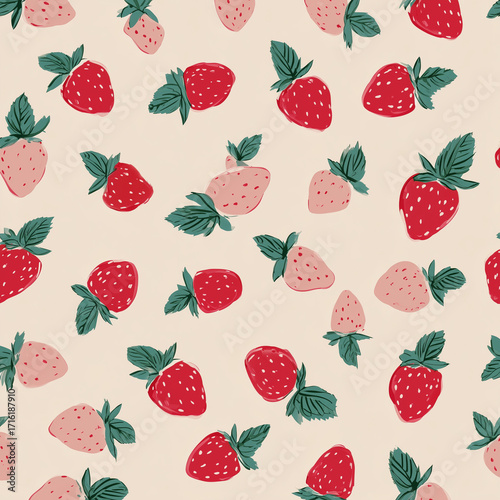 Pattern of hand-drawn strawberries on a light beige background  