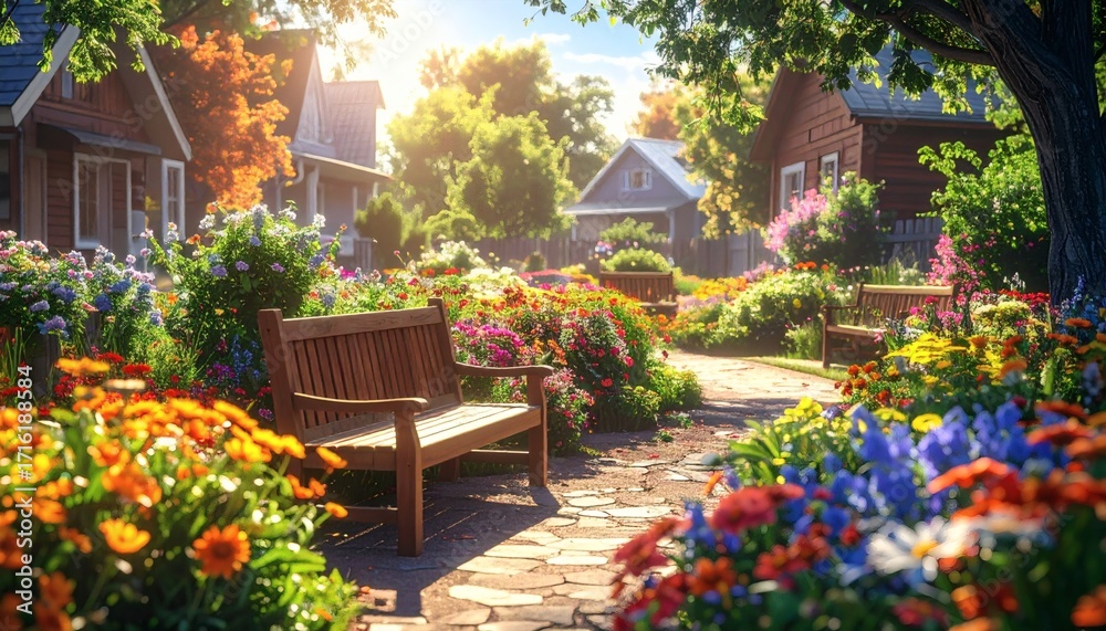 Obraz premium Outdoor communal garden surrounded by flowers and greenery, and shared barbecue 