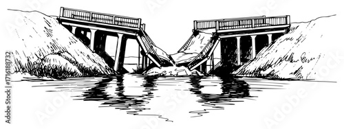 Collapsed Bridge over River Hand Drawn Sketch Vector