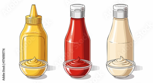 Vibrant trio of essential condiments ketchup mustard mayonnaise in clear bowls with bottles