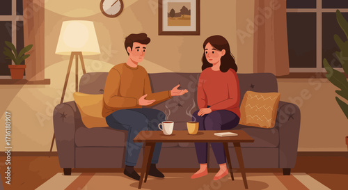 Warm-toned illustration of a young couple having a conversation while sitting on a couch in a cozy living room, enjoying a cup of tea together.