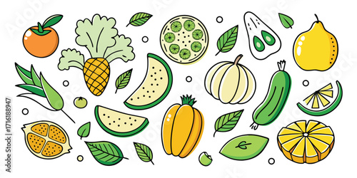 Vibrant assortment of fresh fruits and vegetables illustrated in a whimsical artistic style
