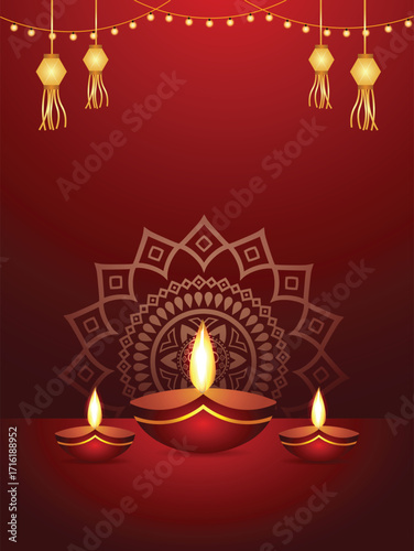 Traditional glowing diya with rangoli and lanterns celebrating festive Diwali night