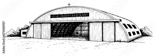 Vintage Army Chapel Hangar in a Retro Engraved Style Black Shape Vector Laser Cutting Engraving Monochrome Print