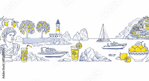 Vibrant coastal scene with lemons, boats, and charming village captures Mediterranean summer bliss
