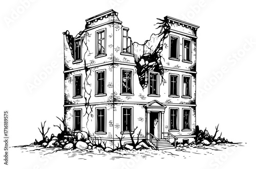 Hand Drawn Destroyed Building in a Post Apocalyptic Setting black shape vector laser cutting engraving monochrome print