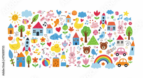 Whimsical collection of colorful children's drawings featuring animals, houses, and nature elements.