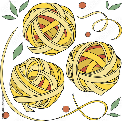 Artistic rolled tagliatelle pasta design with vibrant color accents