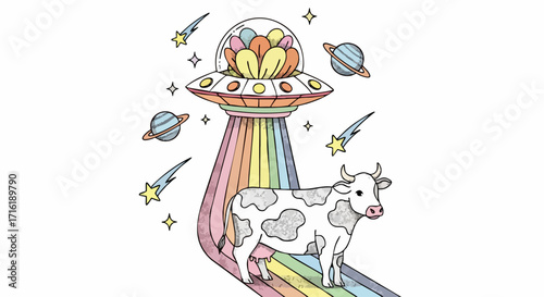 Whimsical cow beamed up by a colorful UFO, a fun and creative illustration for design projects
