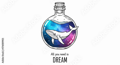 Dreamy whale swimming in cosmic bottle, inspiring imagination and positivity, creative design