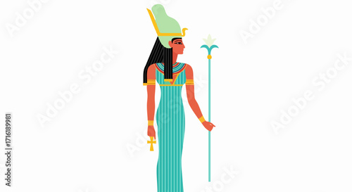 Ancient Egyptian goddess with staff in profile, elegant illustration for historical designs