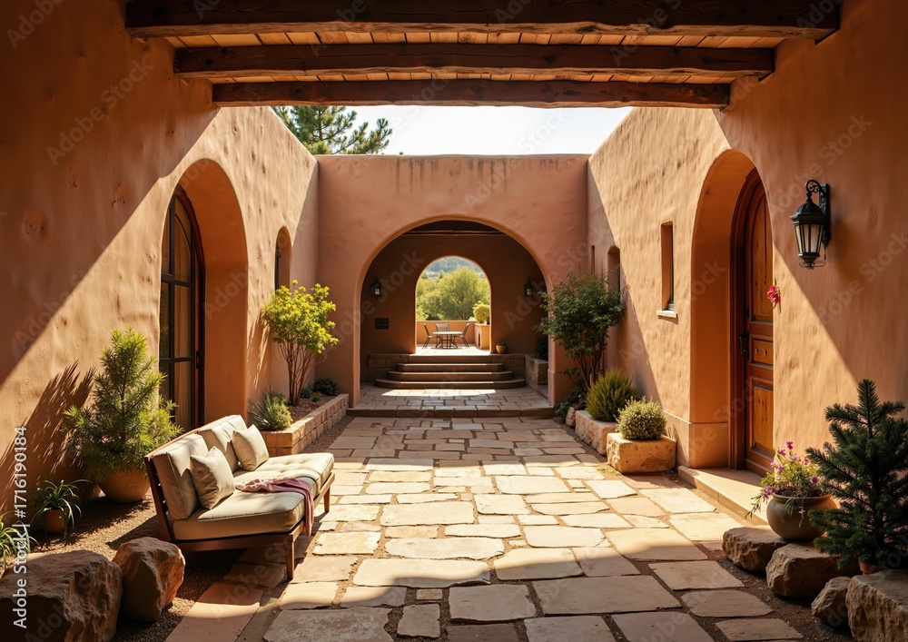 Fototapeta premium Serene southwestern courtyard with rustic charm and desert vibes, perfect for relaxation and outdoor gatherings