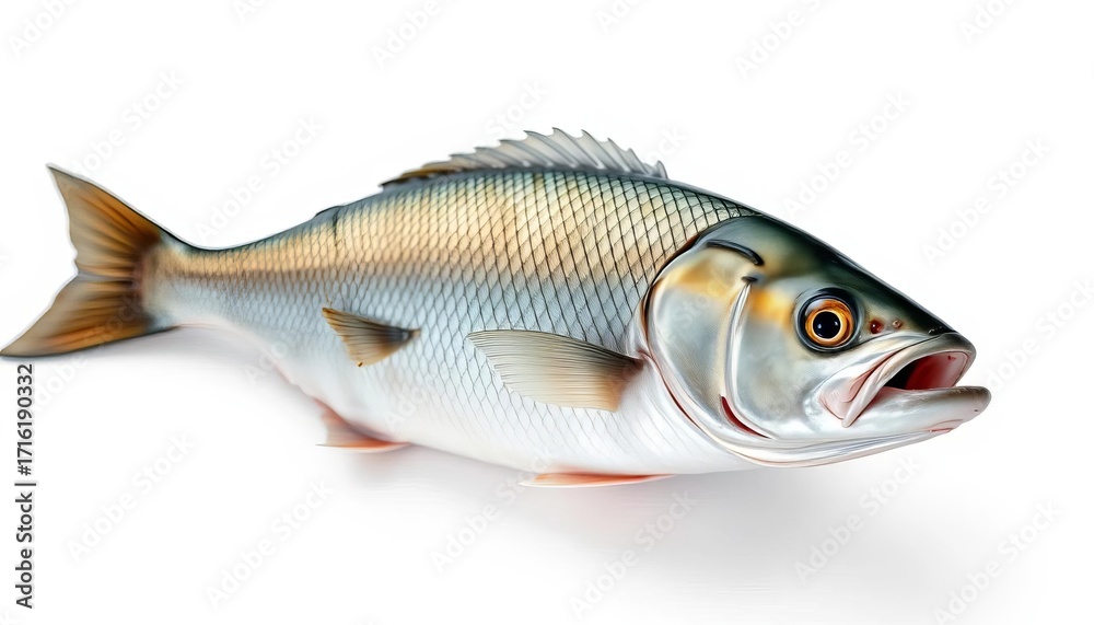 Fototapeta premium Single fresh sea bass, silvery scales, glistening skin, isolated, culinary, ingredient