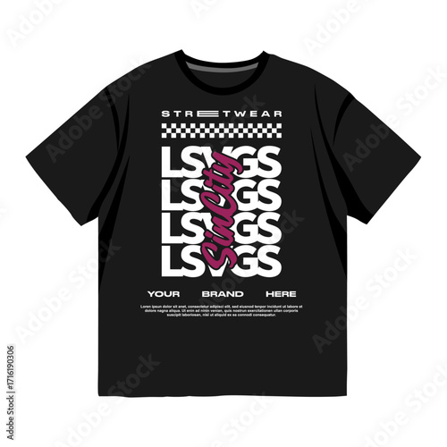 Black streetwear graphic t-shirt with bold stacked typography, checkerboard detail and urban style slogan design