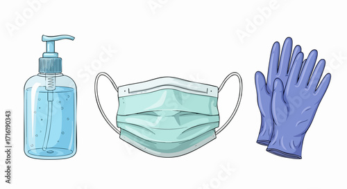 Essential protective gear including hand sanitizer mask and gloves for health and safety awareness