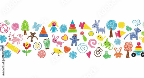 Vibrant crayon drawings of animals, trees, people, and shapes create a playful, childlike border design
