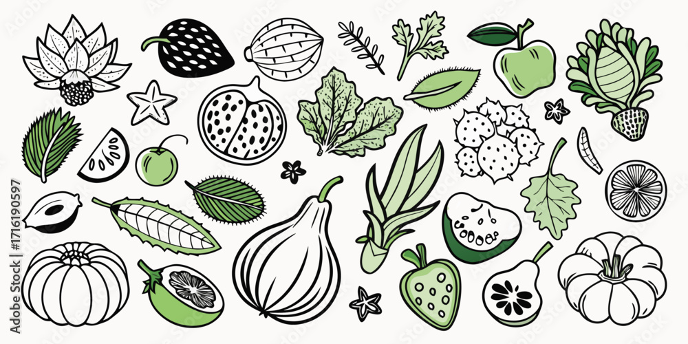 Fototapeta premium Whimsical hand drawn collection of fresh fruits and vegetables artistic renderings