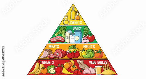Colorful illustrated food pyramid visually guides healthy eating choices for balanced nutrition and wellness