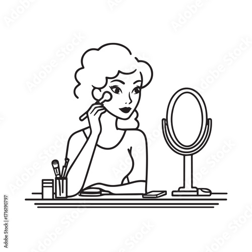 Black and white line art of a beautiful woman doing makeup at dressing table with mirror illustration