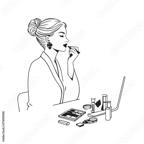 Black and white line art of a beautiful woman doing makeup at dressing table with mirror illustration