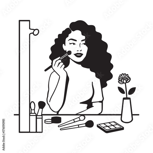 Black and white line art of a beautiful woman doing makeup at dressing table with mirror illustration