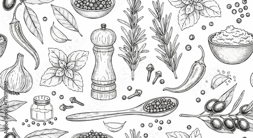 Stunning vintage botanical illustration of fresh herbs, spices, and ingredients for culinary excellence