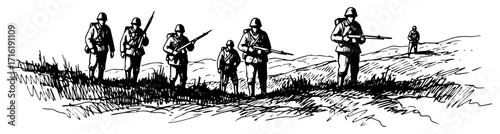 Sketch of Soldiers Marching on a Battlefield