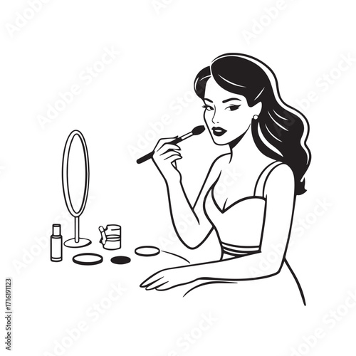 Black and white line art of a beautiful woman doing makeup at dressing table with mirror illustration