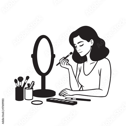 Black and white line art of a beautiful woman doing makeup at dressing table with mirror illustration