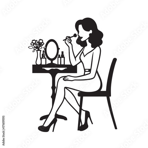 Black and white line art of a beautiful woman doing makeup at dressing table with mirror illustration