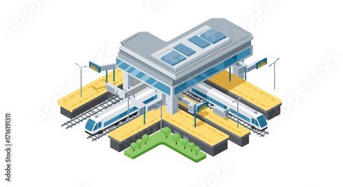 Modern isometric train station with trains on parallel tracks and rooftop skylights