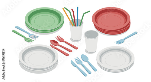Colorful isometric dinnerware set with plates, utensils, and cups on white background