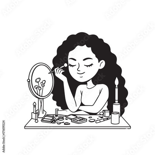 Black and white line art of a beautiful woman doing makeup at dressing table with mirror illustration