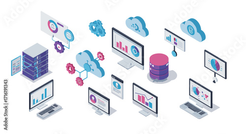Isometric cloud computing and data analysis concept with servers and graphs