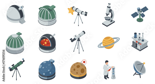 Isometric astronomy icons: telescopes, observatories, and space science elements