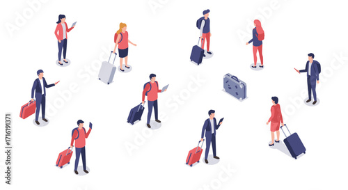Isometric travelers with luggage and gadgets: modern business and casual styles