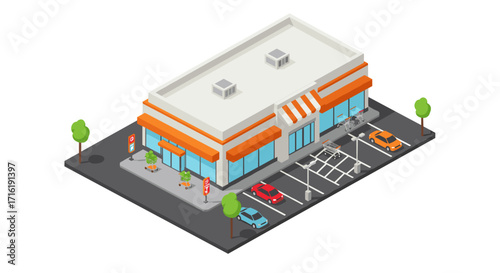 Modern isometric shopping center with parking and cars