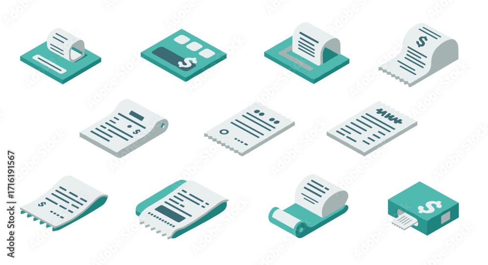 Fototapeta premium Isometric paperwork icons: invoices, receipts, financial documents