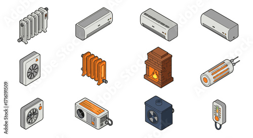 Isometric icons of heating and cooling appliances