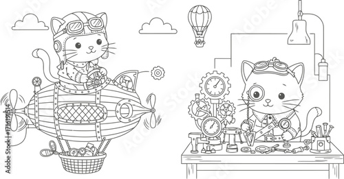 Vector illustration of adventurous cats in a steampunk world with airships and mechanical instruments, perfect for relaxation of all ages