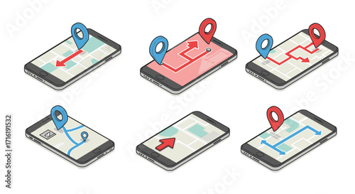 Isometric smartphone maps with navigation pins and routes