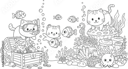 Vector illustration of playful cats exploring the ocean depths with fish, treasure, and coral reefs, perfect for creative fun with color art
