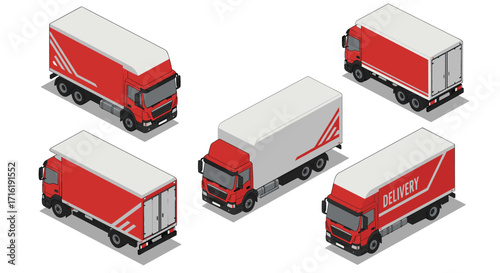 Isometric delivery trucks set featuring red and white designs