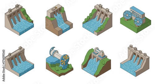 Isometric hydroelectric dam set: diverse energy generating structures