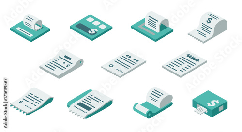 Isometric paperwork icons: invoices, receipts, financial documents