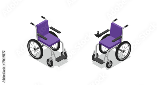 Isometric wheelchair pair featuring manual and electric designs in purple