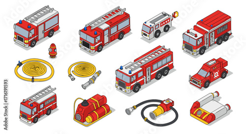 Isometric fire truck collection with equipment in detailed design