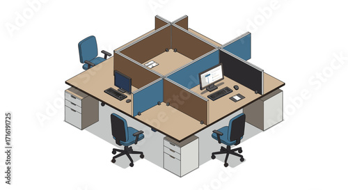 Isometric office cubicle desk setup with chairs and computers
