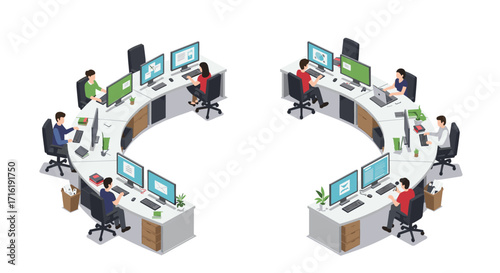 Collaborative office space with diverse team working at curved desks