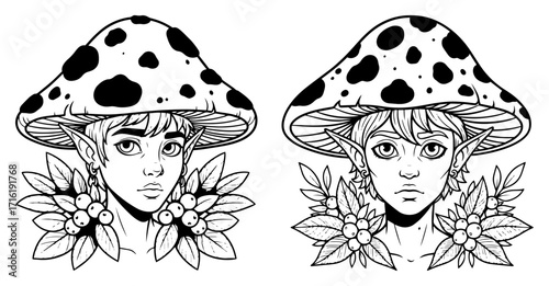 Mushroom Elf Portrait with Toadstool Hat Line Art Vector